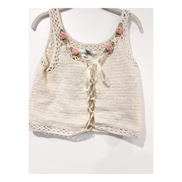 Styleworks Tops - Styleworks Vintage Crochet Lace Up Tank Top Cream Floral Rose Applique Large